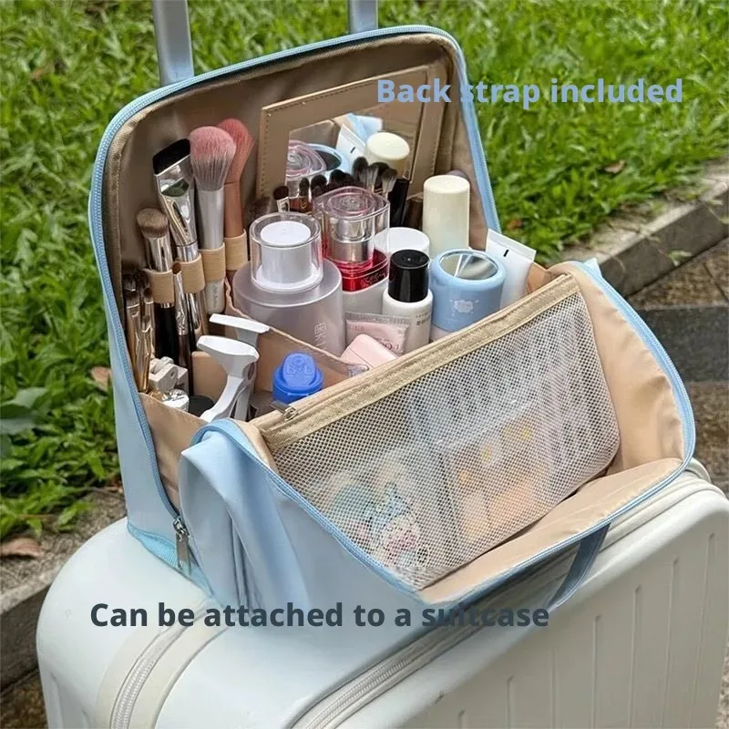 trousse de maquillage portable multifonctionnelle de grande capacité avec compartiments, miroir et fonction de maintien vertical pour les voyages et les articles de toilette