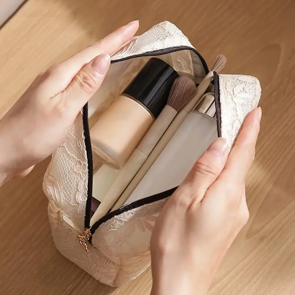 sac de maquillage en dentelle pour femmes, grande capacité, organiseur de cosmétiques et de bijoux, sac à fermeture éclair carré, trousse de toilette portable