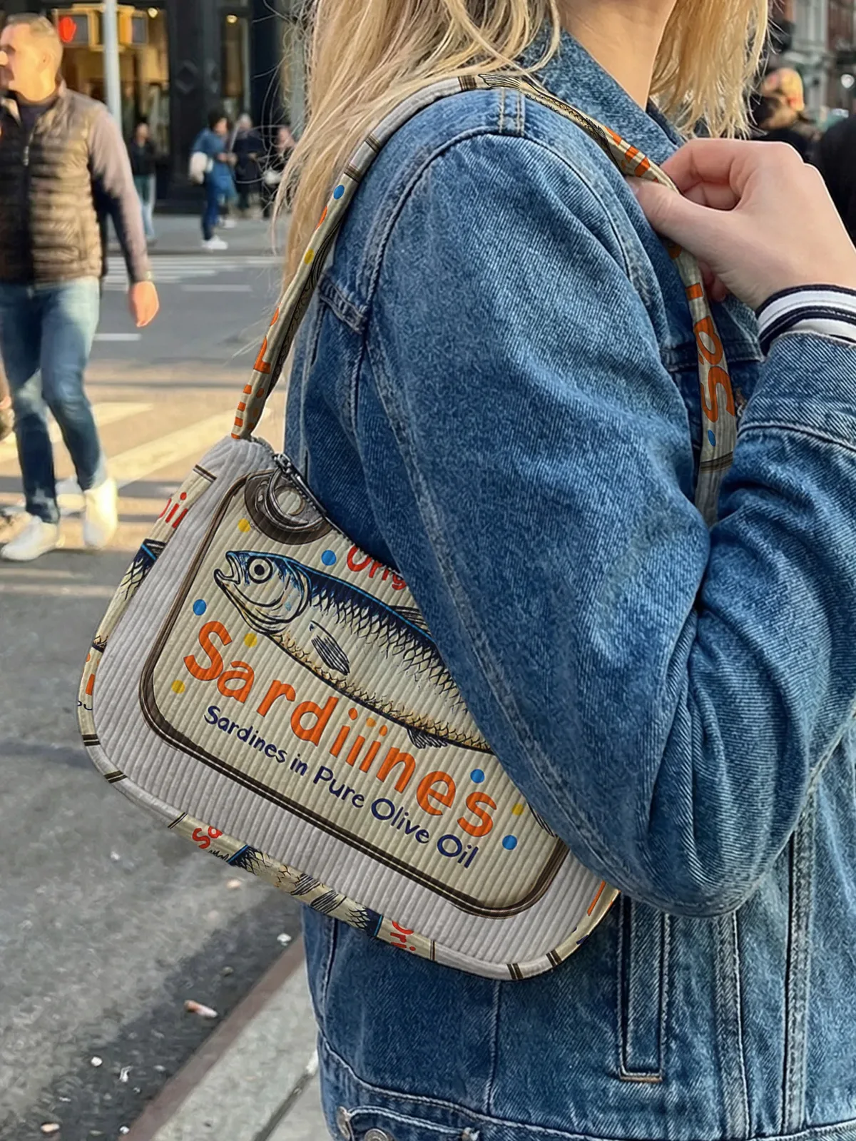 sac à bandoulière tendance imprimé sardine, sac sous le bras en velours côtelé pour un usage quotidien décontracté