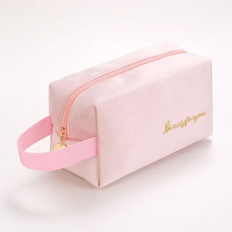 trousse de maquillage en peluche, trousse à cosmétiques pour femmes, grande trousse de toilette de voyage de couleur unie à fermeture éclair, pochette de lavage de beauté
