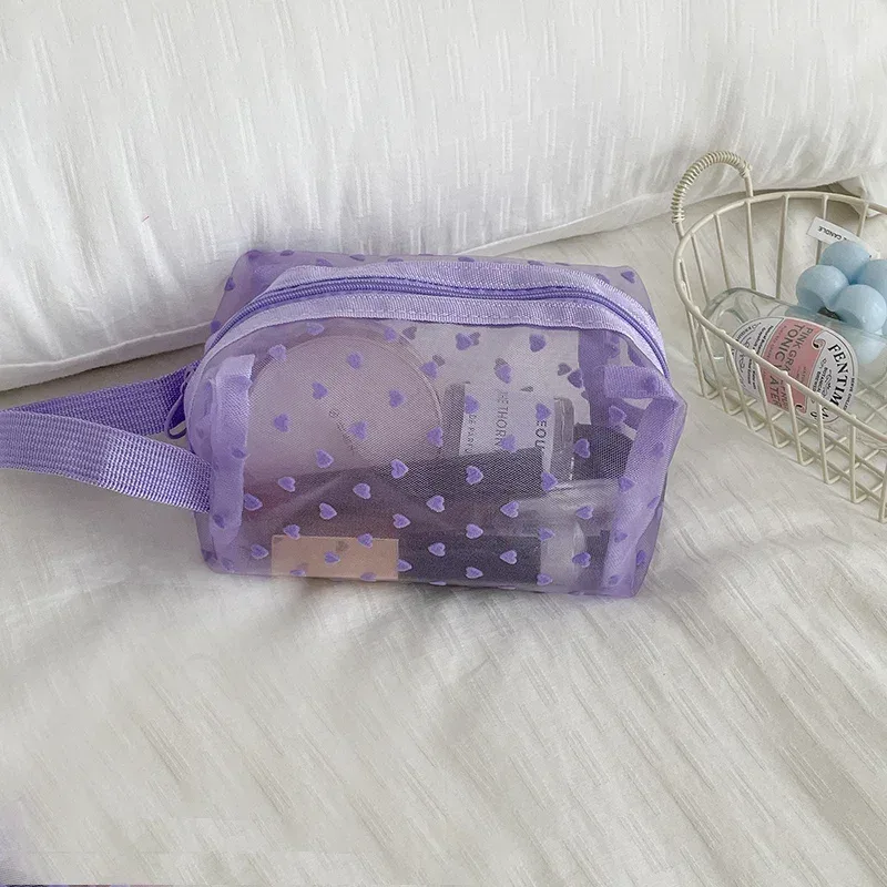 sac de rangement de cosmétiques pour femmes, support organisateur de voyage, sac à main en maille de nylon imprimé cœur violet, sac de maquillage transparent et mignon, pochette
