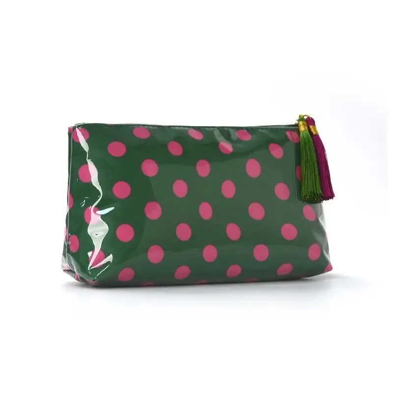 sac à cosmétiques rétro à pois en pvc, sac de maquillage avec franges et fermeture éclair, trousse de toilette de voyage étanche, étui pour pinceaux de maquillage