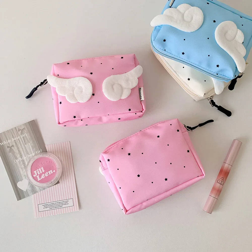 sac à main ailes pour femmes, petite trousse de maquillage, sac de rangement utile, pochette de papeterie, décor d'ange de dessin animé doux, mini sac de poche portable mignon