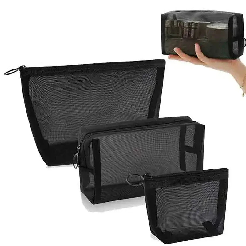 sacs cosmétiques transparents en maille, petits et grands, sacs de maquillage noirs, organiseur de voyage portable, étui de rangement pour rouge à lèvres