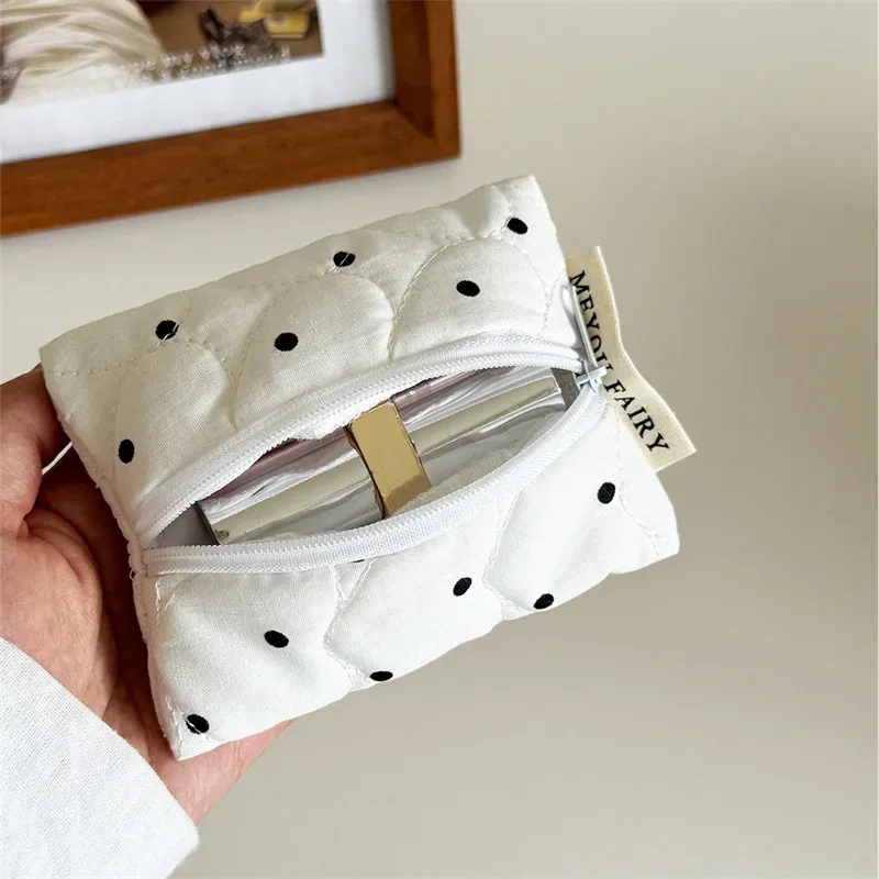 trousse de maquillage matelassée à pois pour femmes et filles, petite et grande brosse à rouge à lèvres, pochette cosmétique, mini portefeuille portable, porte-monnaie