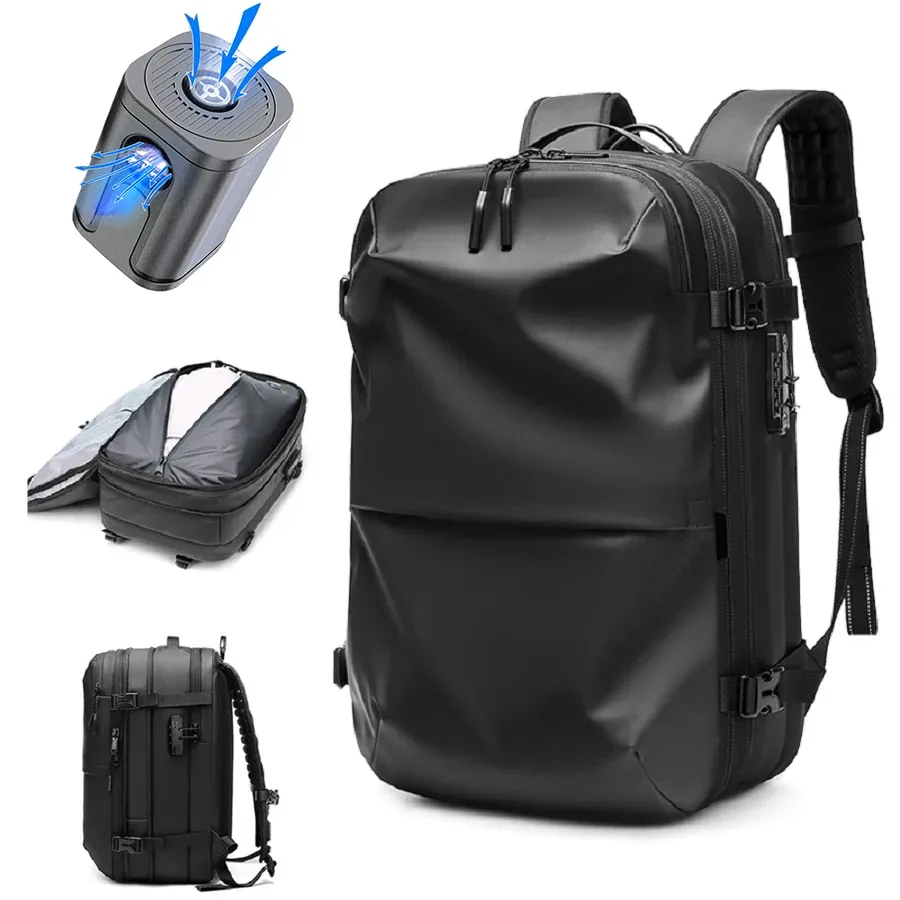 Sac à dos de voyage pour hommes, sac à dos à compression sous vide pour ordinateur portable de 17 pouces, sac à dos d'affaires de grande capacité, sac à dos d'école, sac à dos de randonnée extensible