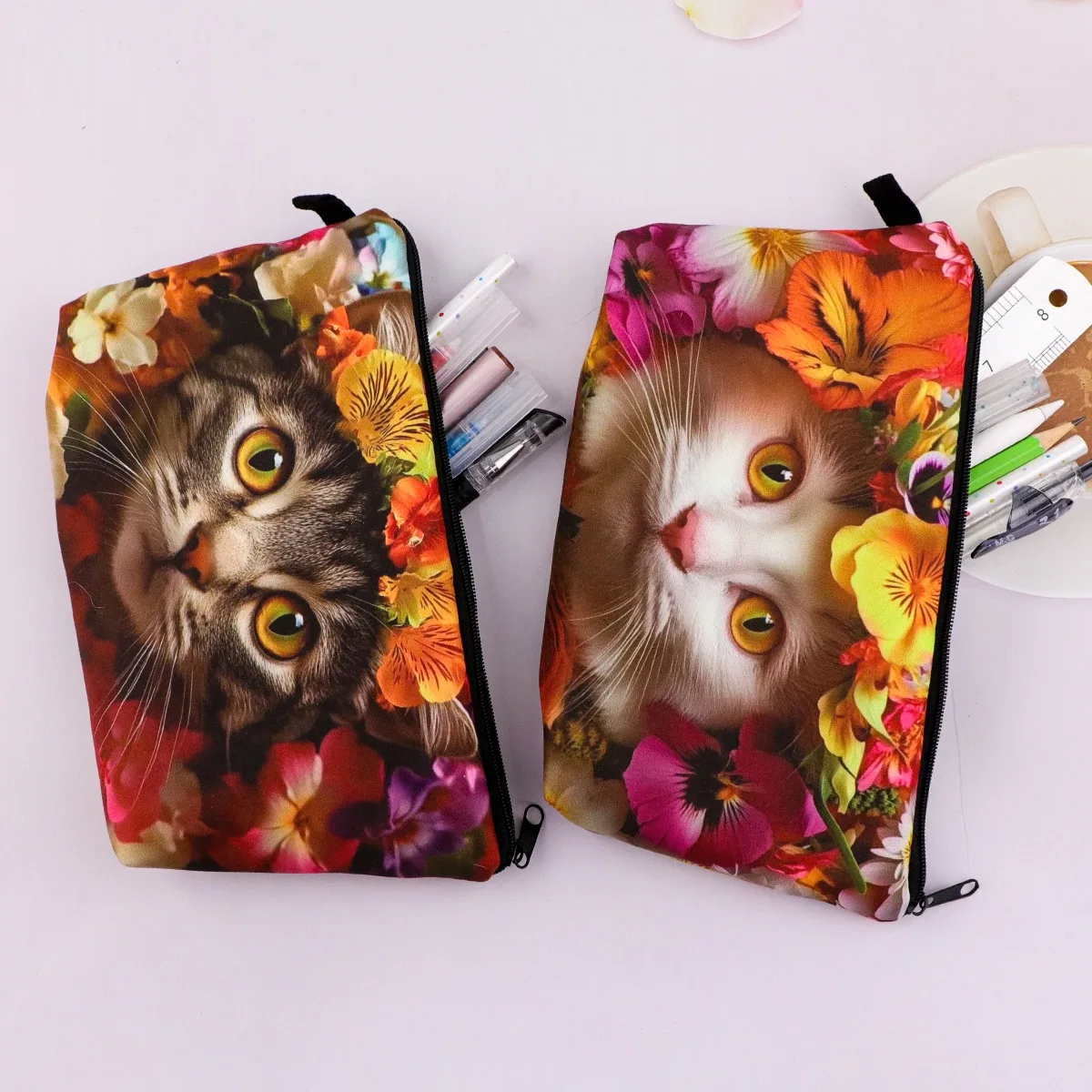 sac de rangement de voyage pour femmes, sac à cosmétiques, trousse de maquillage, trousse de maquillage, trousse de rouge à lèvres à fermeture éclair imprimée, chat mignon