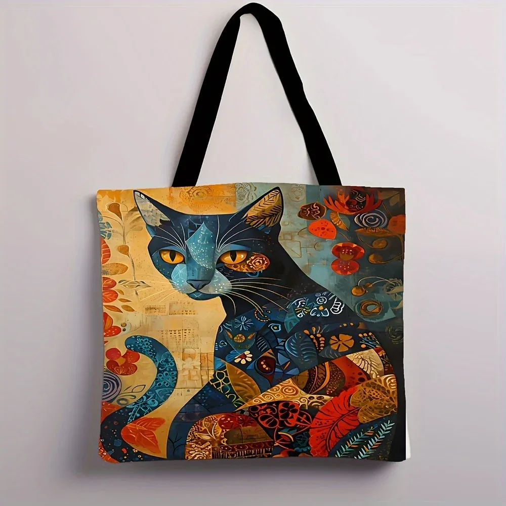 1pc abstrait chat sac fourre-tout mignon peculiar petit animal sac à bandoulière imprimé lin eco sac à main shopping bureau sacs décontractés réutilisables