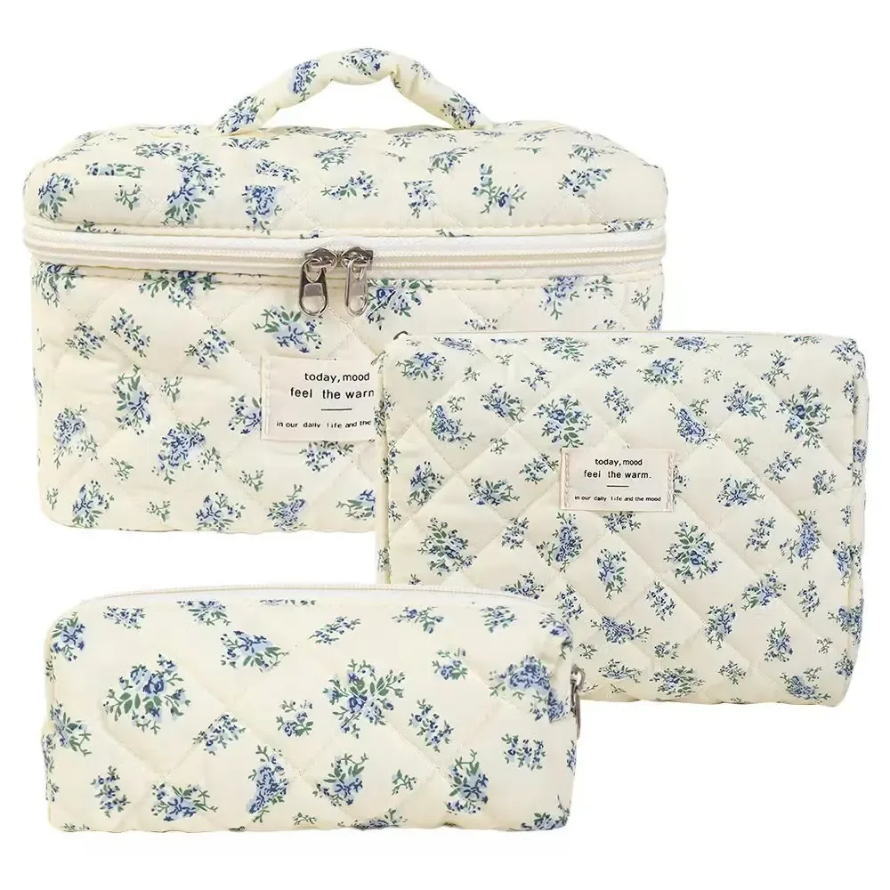 trousse de maquillage matelassurera en coton pour femme, trousse de toilette portable pour fille, sac à main à fermeture éclair pour femme, trousse cosmétique, évaluation, gril, 3 pièces
