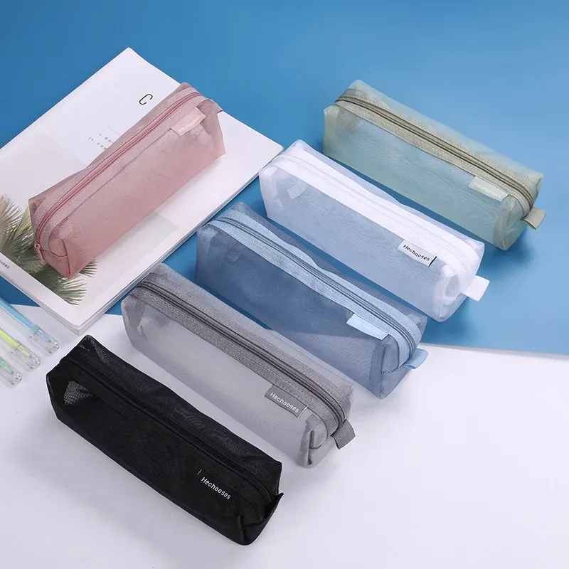 sac à cosmétiques en maille de nylon transparent simple, sac de papeterie pour étudiants, trousse à crayons, sac de rangement portable de grande capacité, pochette de maquillage