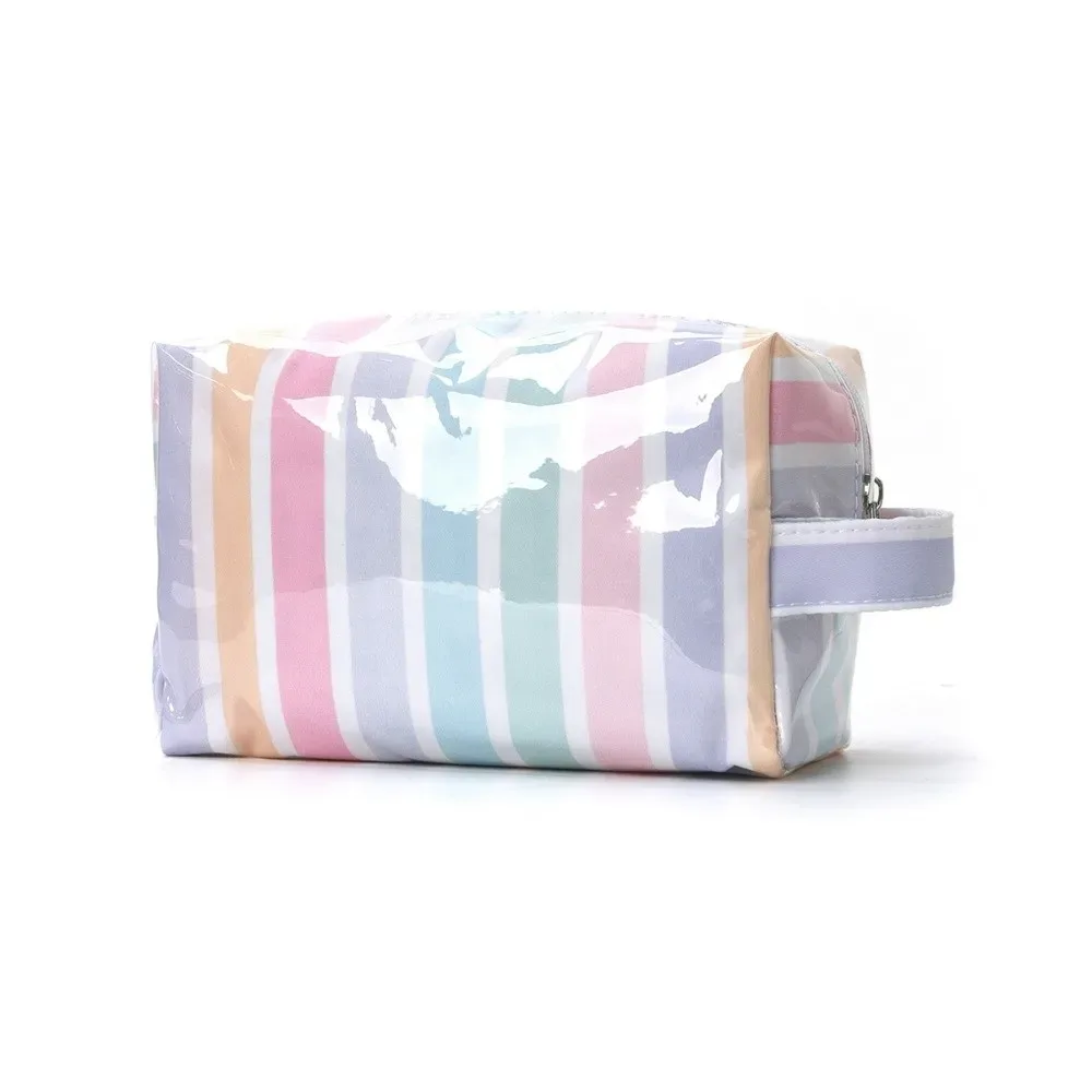 trousse de toilette imperméable rayée rose simple sac de rangement cosmétique de voyage portable grande capacité organisateur de maquillage en pvc