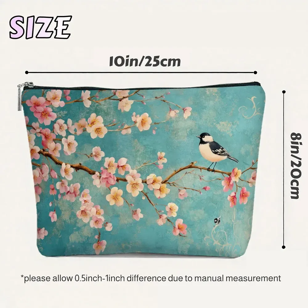 trousse de maquillage à motif floral, imprimé botanique vintage, oiseau, fleur de cerisier, trousse de toilette portable, pochette de rangement chic et pratique pour femmes
