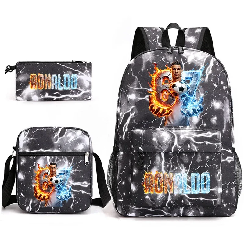 ensemble de sac à dos d'école imprimé cr7 ronaldo 67 avec sac à bandoulière et trousse à crayons pour adolescents et enfants, sac à dos léger