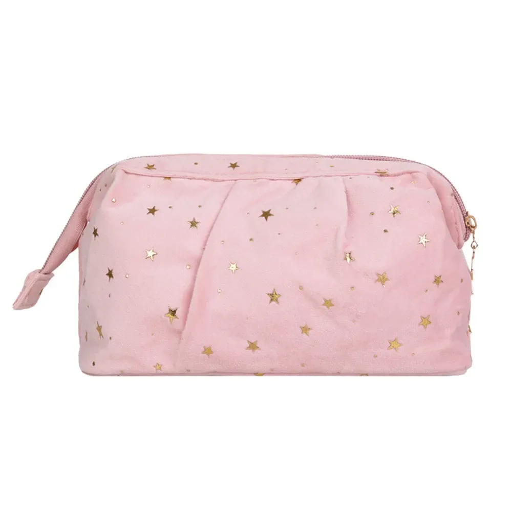 trousse de toilette de voyage grande capacité en velours motif étoiles bronzées, sac de rangement cosmétique en forme de coquille cubique pour femme