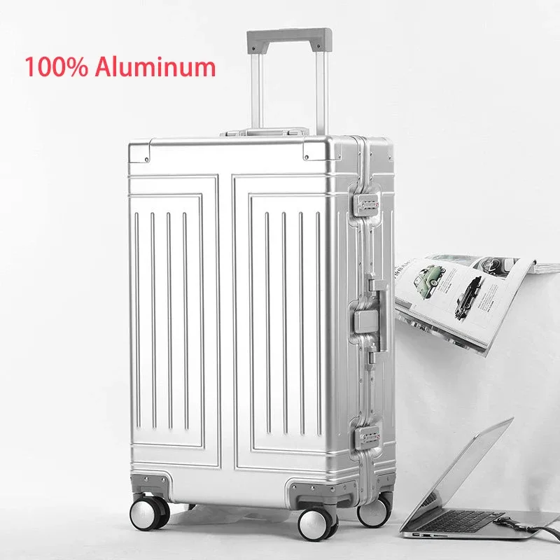 Valise à roulettes en aluminium 100% de 20, 24, 26, 28, 30 pouces, valise de cabine imperméable en métal, valise de voyage en aluminium avec roulettes