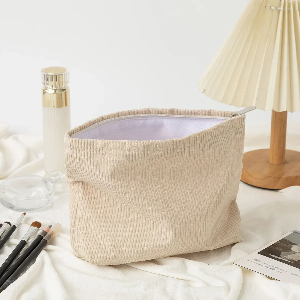 sac à cosmétiques de voyage en velours côtelé de grande capacité, organisateur de maquillage portable pour femmes, pochette de rangement à fermeture éclair