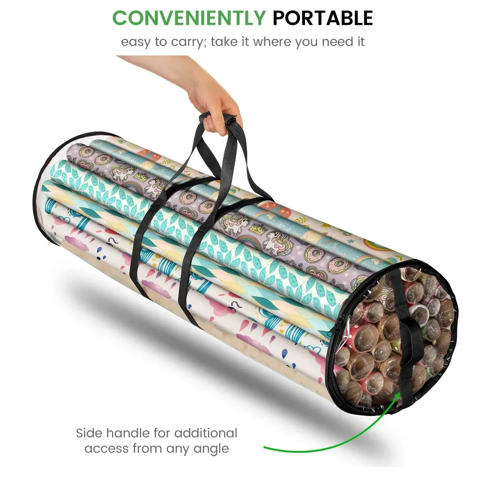 Sac de rangement cylindrique en PVC transparent pour papier d'emballage, compatible avec les rouleaux standard de 30 pouces, pour sous le lit, dans le placard, ou comme support pour emballages cadeaux de fêtes