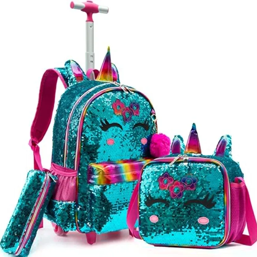 ensemble de 3 sacs à dos à roulettes pour l'école, sacs à roulettes avec roulettes pour filles et enfants, sac à roulettes pour l'école