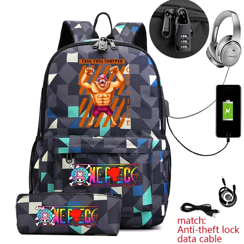 sac à dos antivol pour étudiants avec imprimé tony chopper, avec trousse à crayons, sac à dos décontracté pour garçons, filles et adolescents