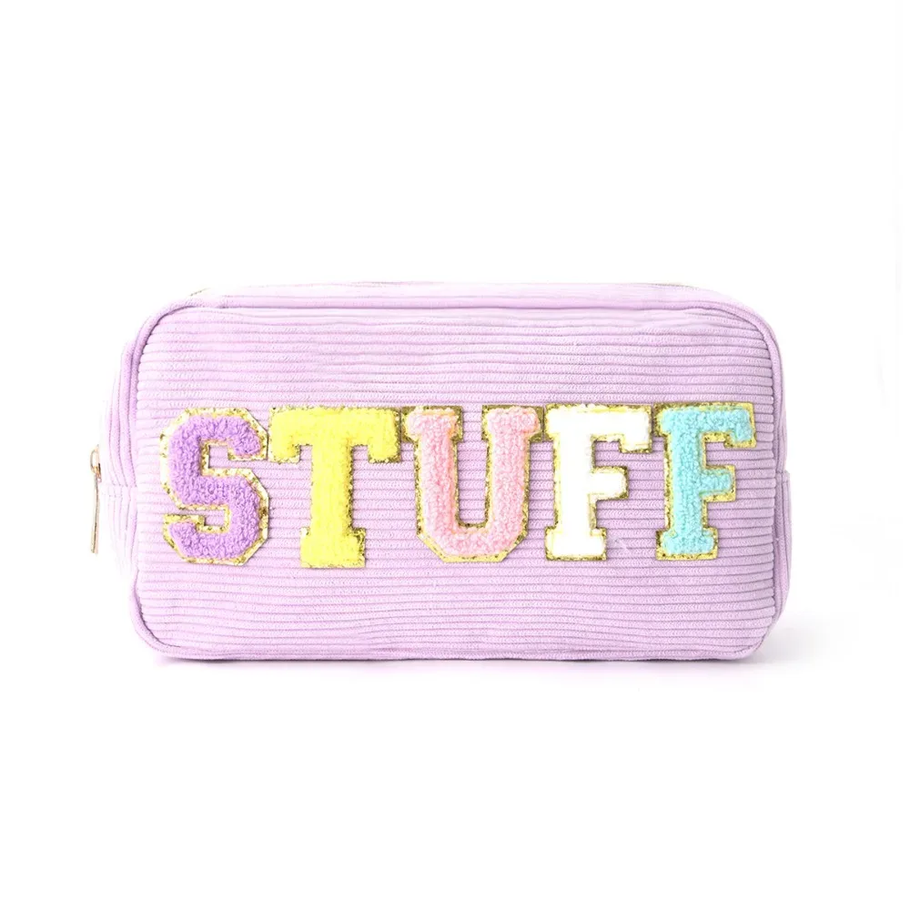 sac de rangement en velours côtelé rose beige bleu violet broderie lettre sac de voyage maquillage grande capacité organisateur de rouge à lèvres femmes filles