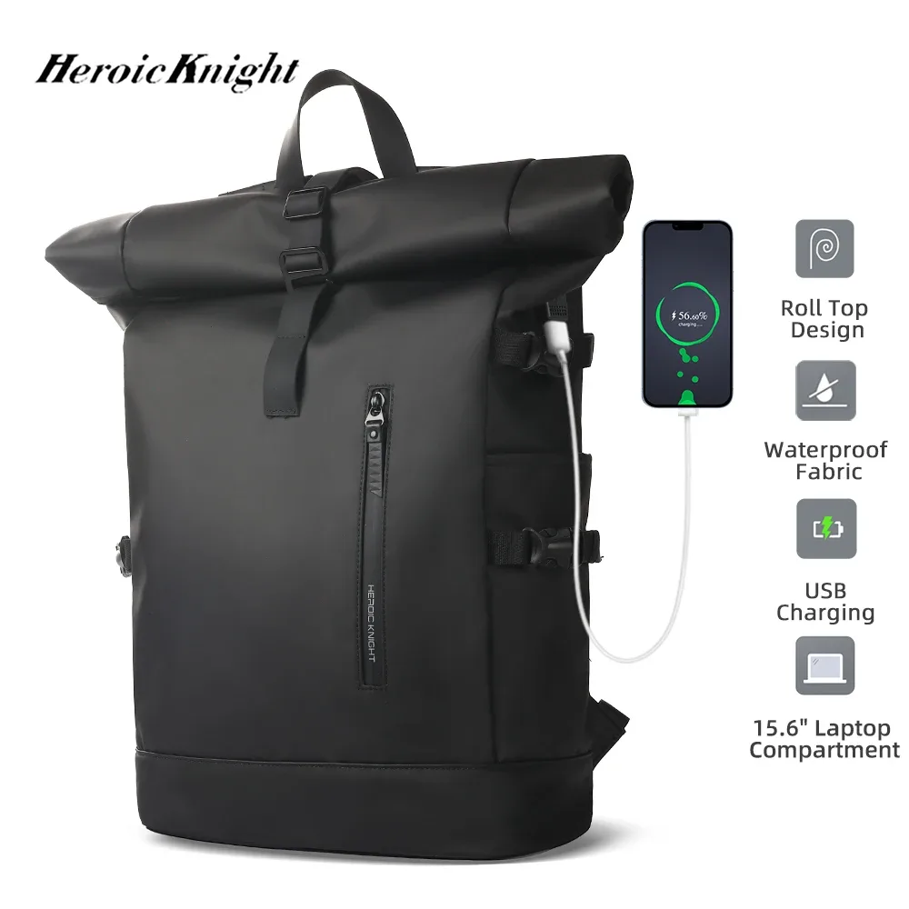 Heroic Knight – sac à dos de voyage pour hommes, extensible, pour ordinateur portable 15.6 pouces, avec Port USB, étanche, enroulable, pour loisirs