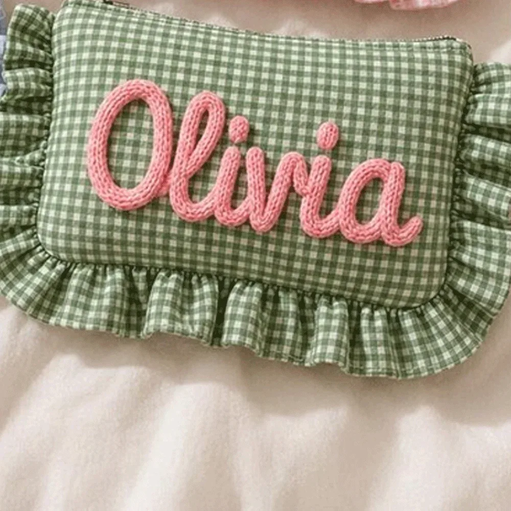 trousse de maquillage personnalisable à carreaux et volants avec nom, organiseur à carreaux vintage, trousse de toilette portable – un excellent cadeau pour les meilleures amies