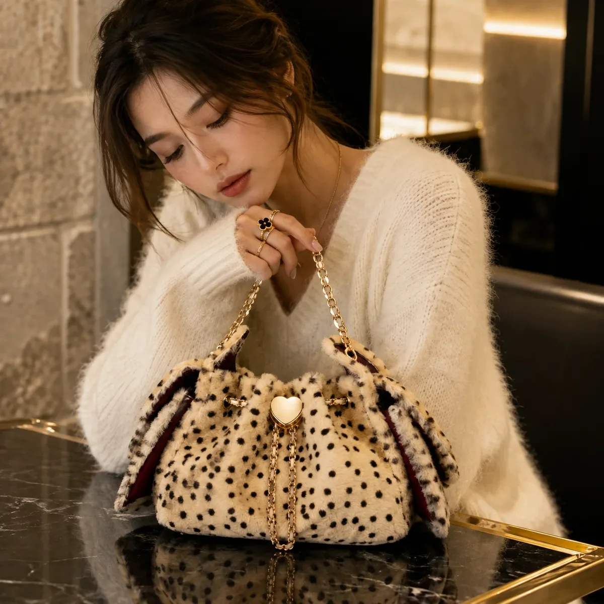 Sac seau en fausse fourrure léopard avec chaîne et cordon de serrage, sac à bandoulière pour femme, sac à main en peluche, sac fourre-tout pour l'automne et l'hiver.