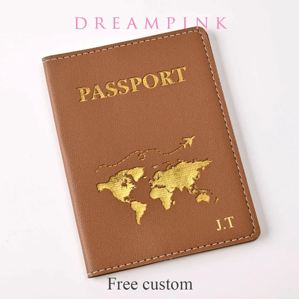 Couverture de passeport personnalisée avec nom et initiales, carte du monde dorée, porte-passeport personnalisé, nouveaux accessoires de voyage pour femmes et hommes