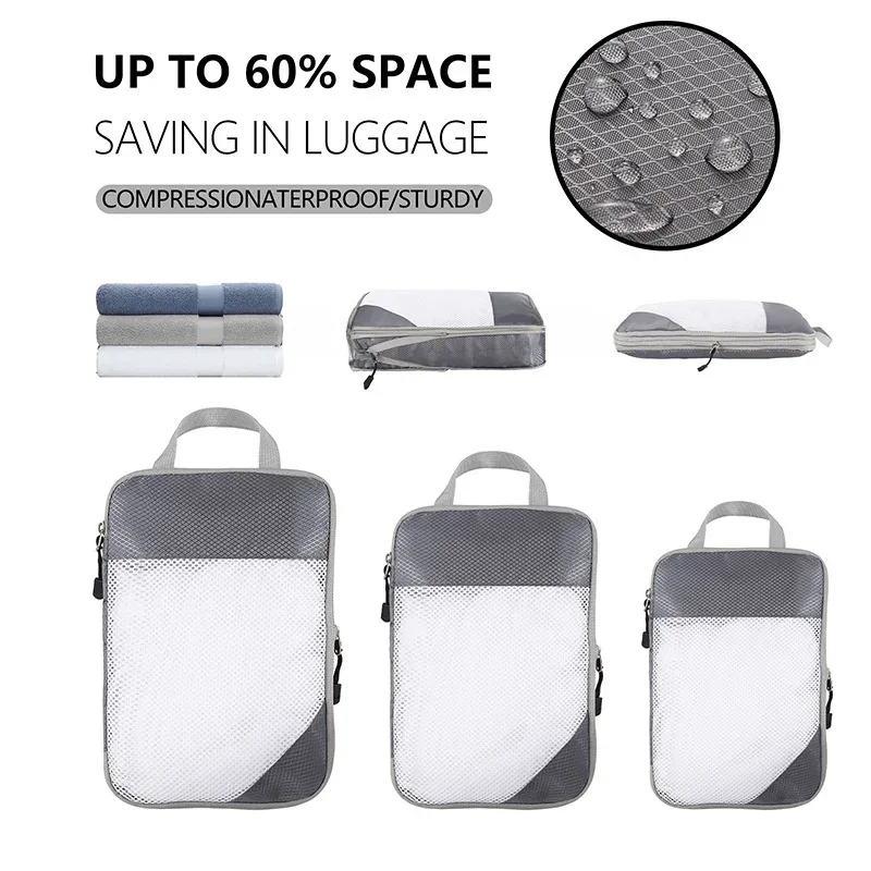 sac de rangement en nylon imperméable à compression de voyage portable, ensemble de pochettes de rangement à motif de grille visuelle pour l'organisation du voyage