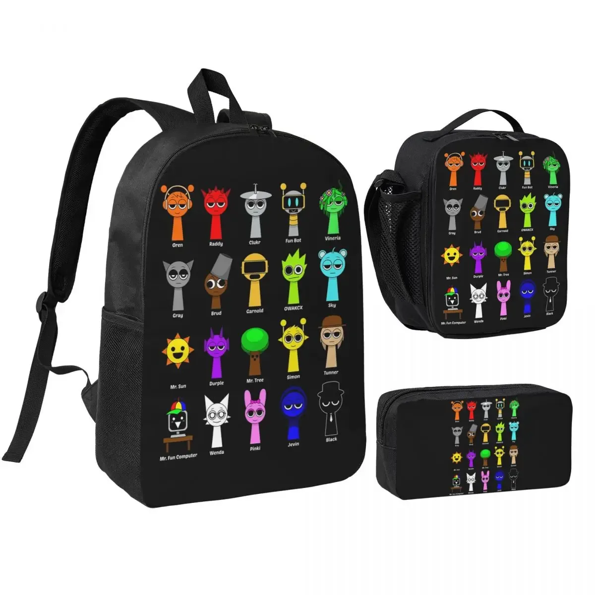 Sac à dos pour enfants All My Sprunki Game Toys, sac d'école, sac à bandoulière, 3 pièces, sac à lunch isotherme, trousse à crayons
