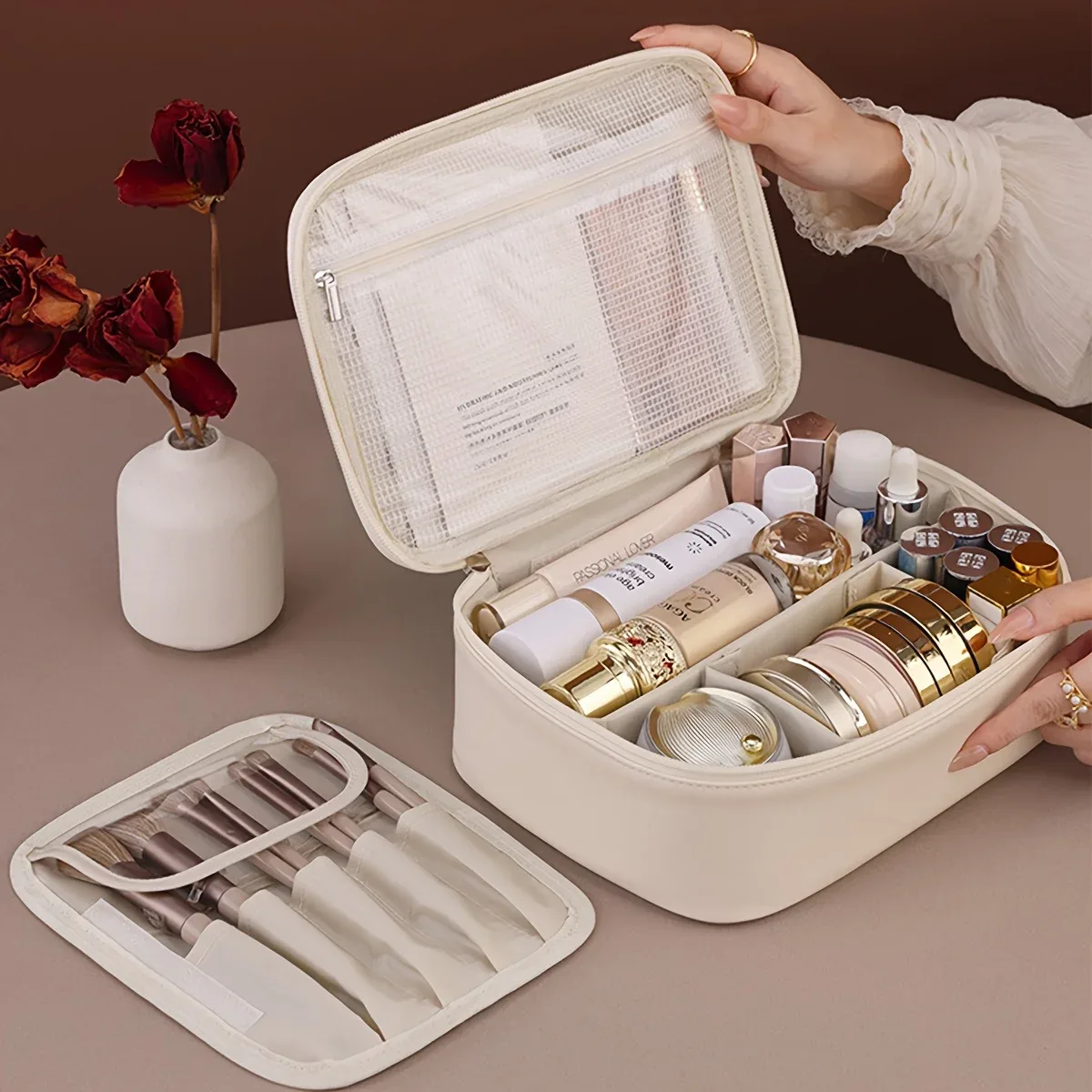 trousse de maquillage double couche en cuir pu, sacs à cosmétiques de grande capacité, organisateur de cosmétiques de luxe, essentiels de voyage pour femmes