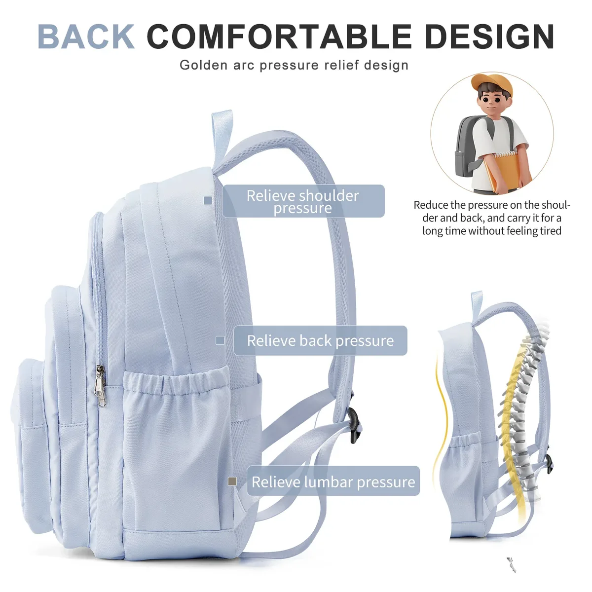 sac à dos décontracté en nylon, sac à dos pour femme, design multi-poches en bleu clair durable pour l'école, le lycée et l'université