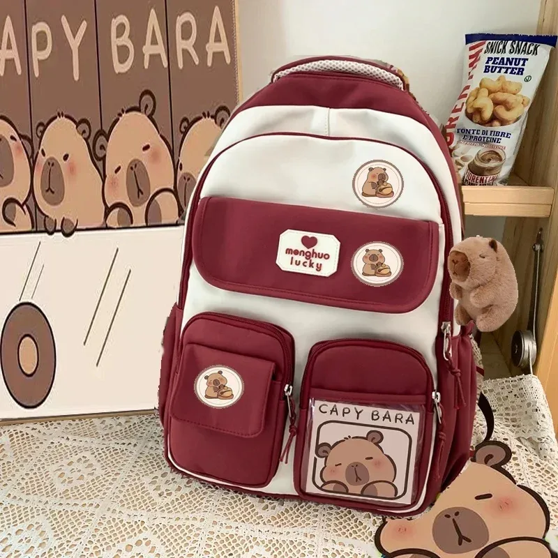dessin animé capybara école sac à dos étudiant pochette d'ordinateur tissu imperméable sangle réglable sac de voyage décontracté avec plusieurs poches
