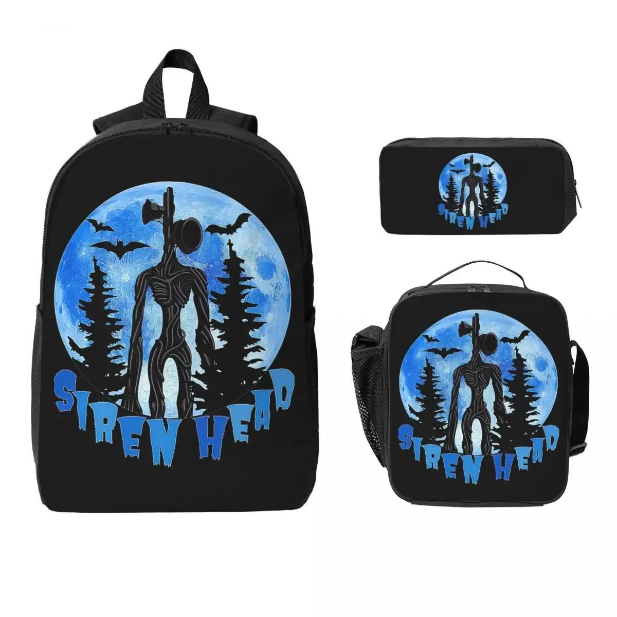 sac à dos cartoon horror creepypasta siren head, sac d'école, sac à bandoulière pour ordinateur portable, sacs à bandoulière, 3 pièces, sac à déjeuner isotherme, trousse à crayons