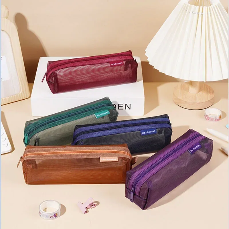 sac à cosmétiques en maille de nylon transparent simple, sac de papeterie pour étudiants, trousse à crayons, sac de rangement portable de grande capacité, pochette de maquillage