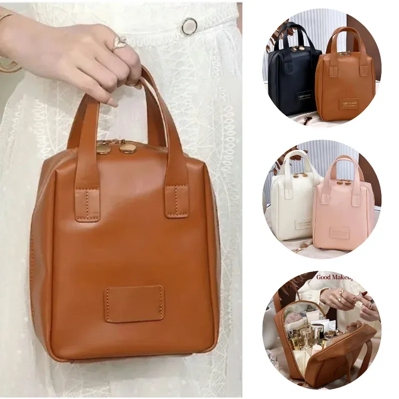 trousse de maquillage portable en cuir pu pour femme, sac de rangement cosmétique étanche, sac de lavage de voyage, grande capacité, coque tendance, 2 pièces