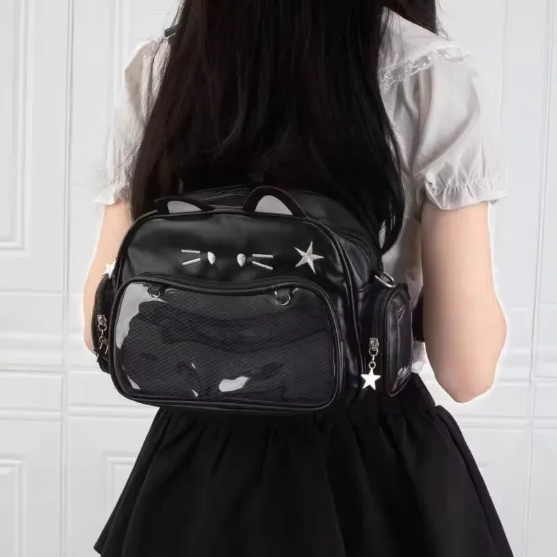 y2k-sac à dos chat argenté pour femme, adolescent mignon, sac d'école ita, doux, fille, poche transparente, sac de voyage, sac à bandoulière, japon
