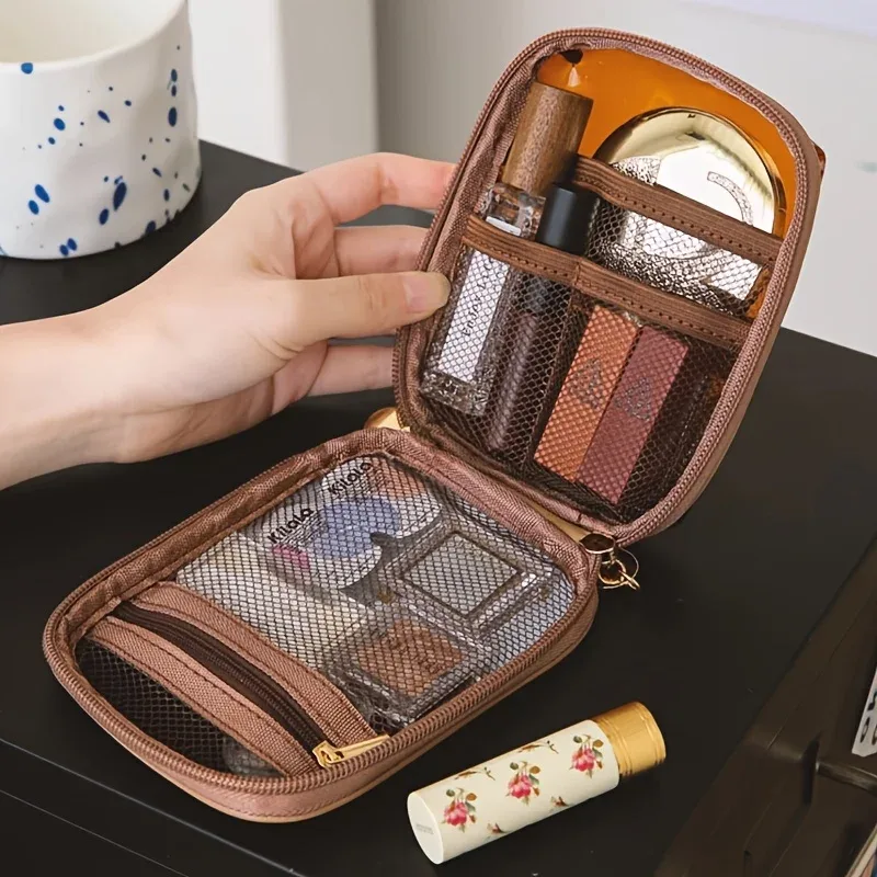 1 sac à maquillage portable multicouche, mini sac de rangement pour rouge à lèvres, petit sac de toilette de voyage