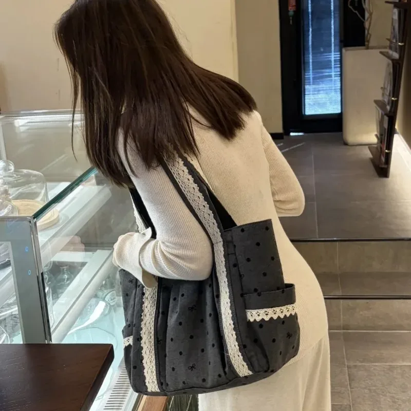 sac fourre-tout en toile floquée 3d à pois et dentelle, style coréen gris, grande capacité, pour étudiants et trajets quotidiens