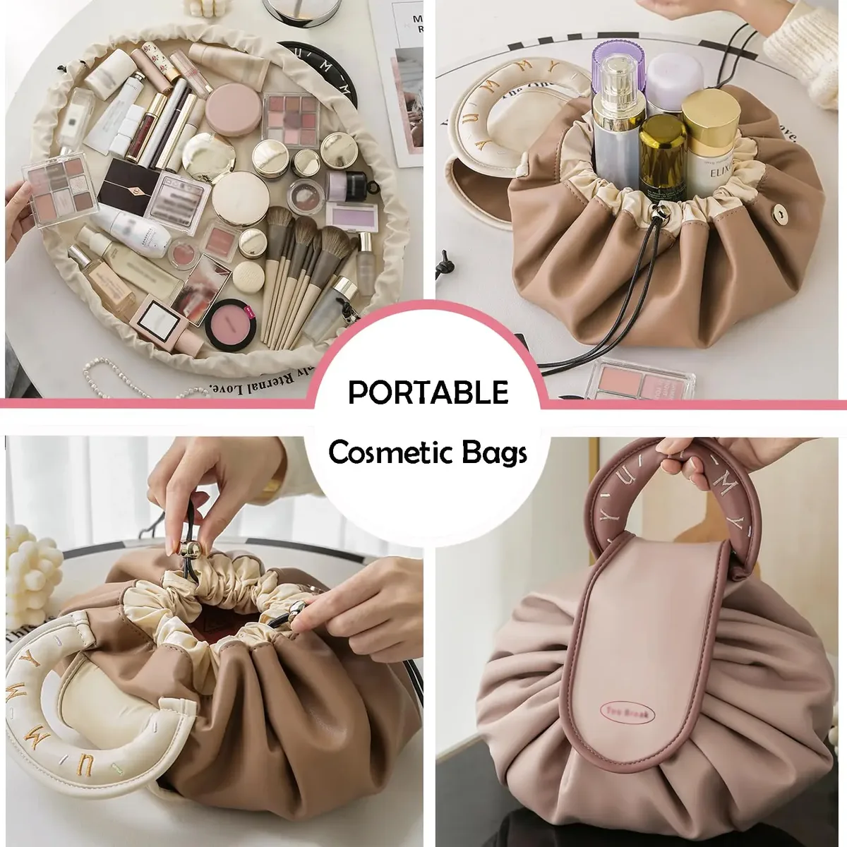 trousse de maquillage portable pour usage quotidien, trousse de toilette de voyage de grande capacité pour femmes, pochette de rangement de cosmétiques à cordon de serrage pour dames