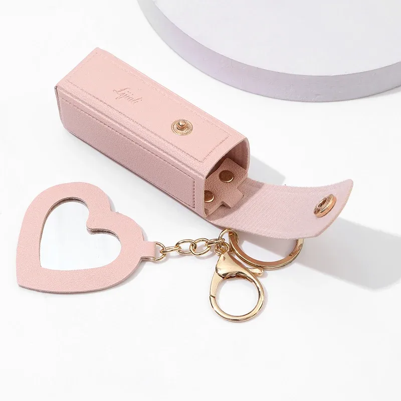 sac en cuir portable pour rouge à lèvres, poudre de maquillage, baume jules, porte-clés, housse de protection avec miroir
