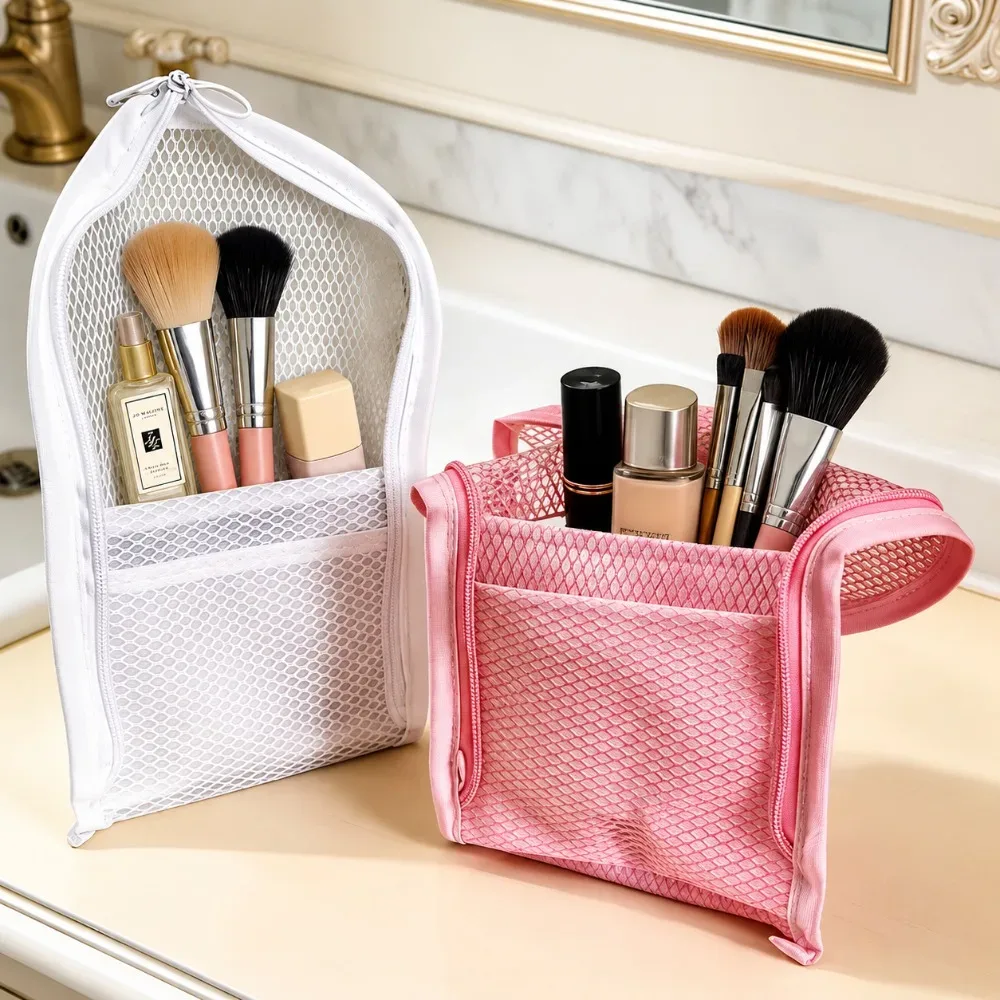 sac de toilette de voyage portable et étanche, trousse de toilette en maille, boîte de rangement pour brosse à dents, sac à maquillage pliable à fermeture éclair