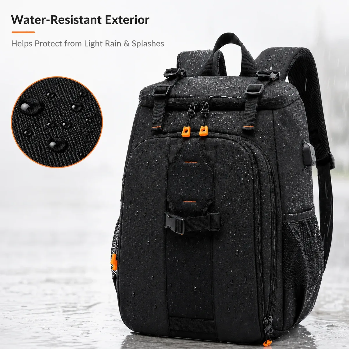 sac à dos pour appareil photo résistant à l'eau pour appareils photo reflex et hybrides avec port usb, séparateurs rembourrés, compartiment pour ordinateur portable et support pour trépied