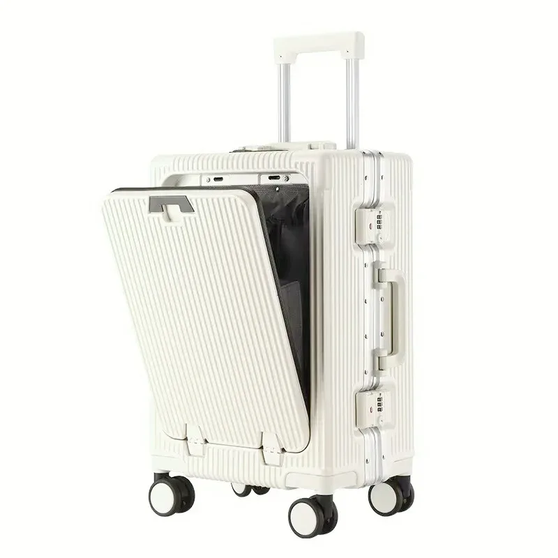valise à cadre en alliage d'aluminium, poche d'ouverture avant avec prise de chargement usb, sac de boîtier de chariot à bagages roulant avec roue rotative