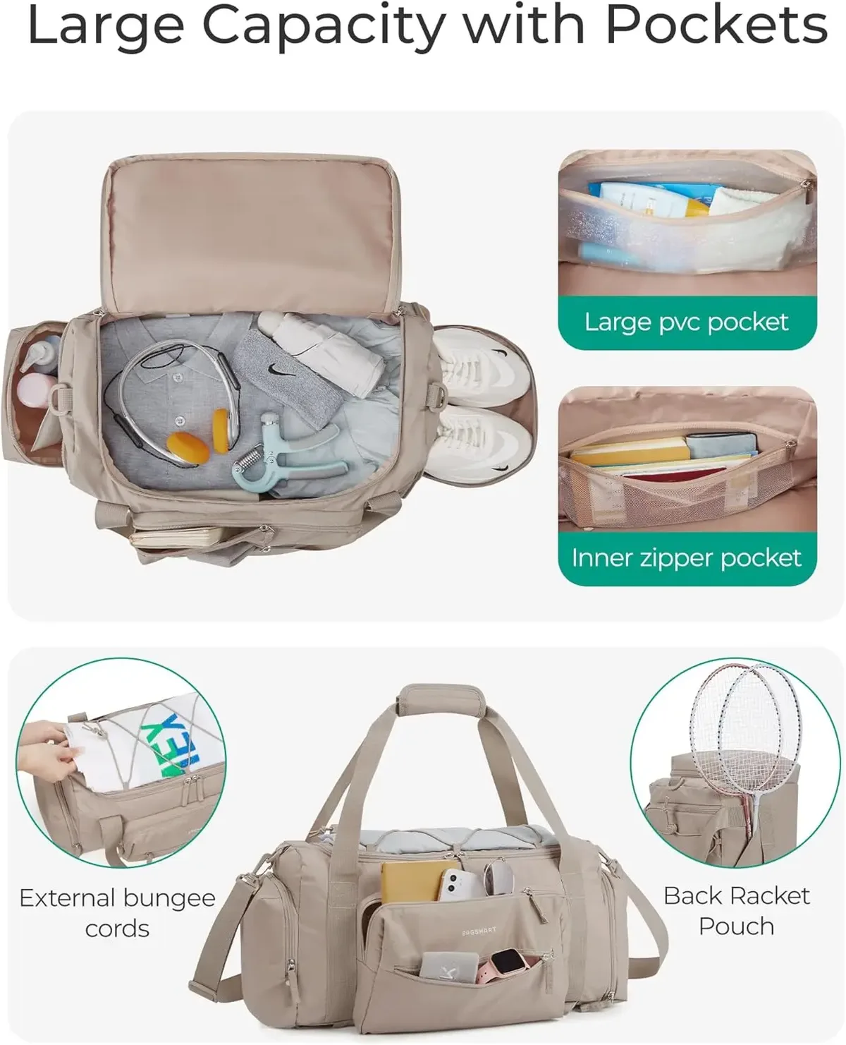 bagsmart sac de sport 4 en 1 pour femme et homme sac de sport léger tsa avec compartiment à chaussures et poche humide 30 l pour week-end