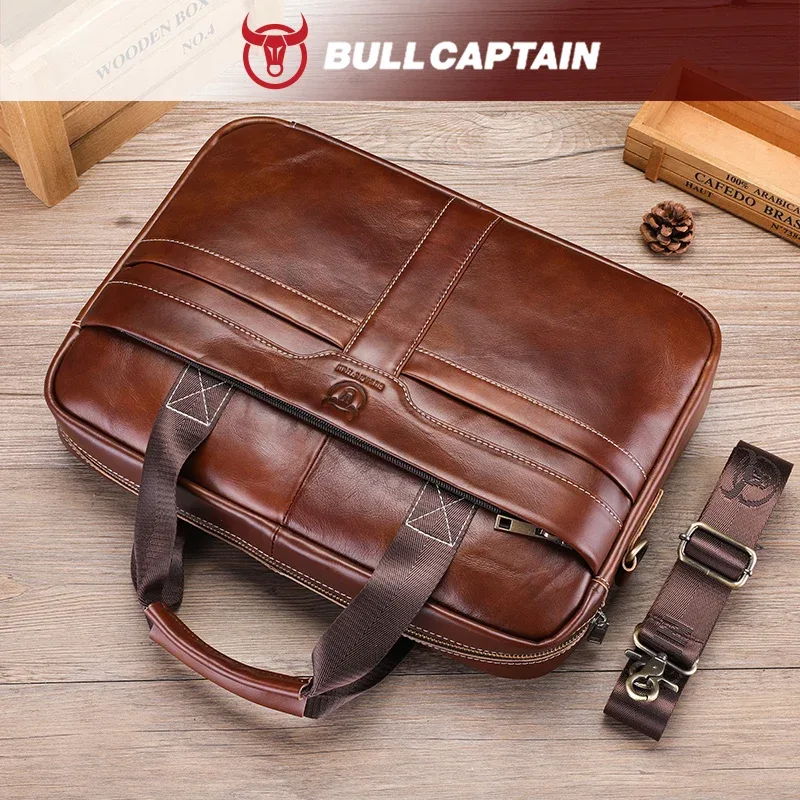 sac pour ordinateur portable en cuir bullcaptain, sac pour ordinateur portable 15' en cuir de première qualité, sacoche pour ordinateur portable pour hommes, sac de travail, de voyage et d'affaires 053