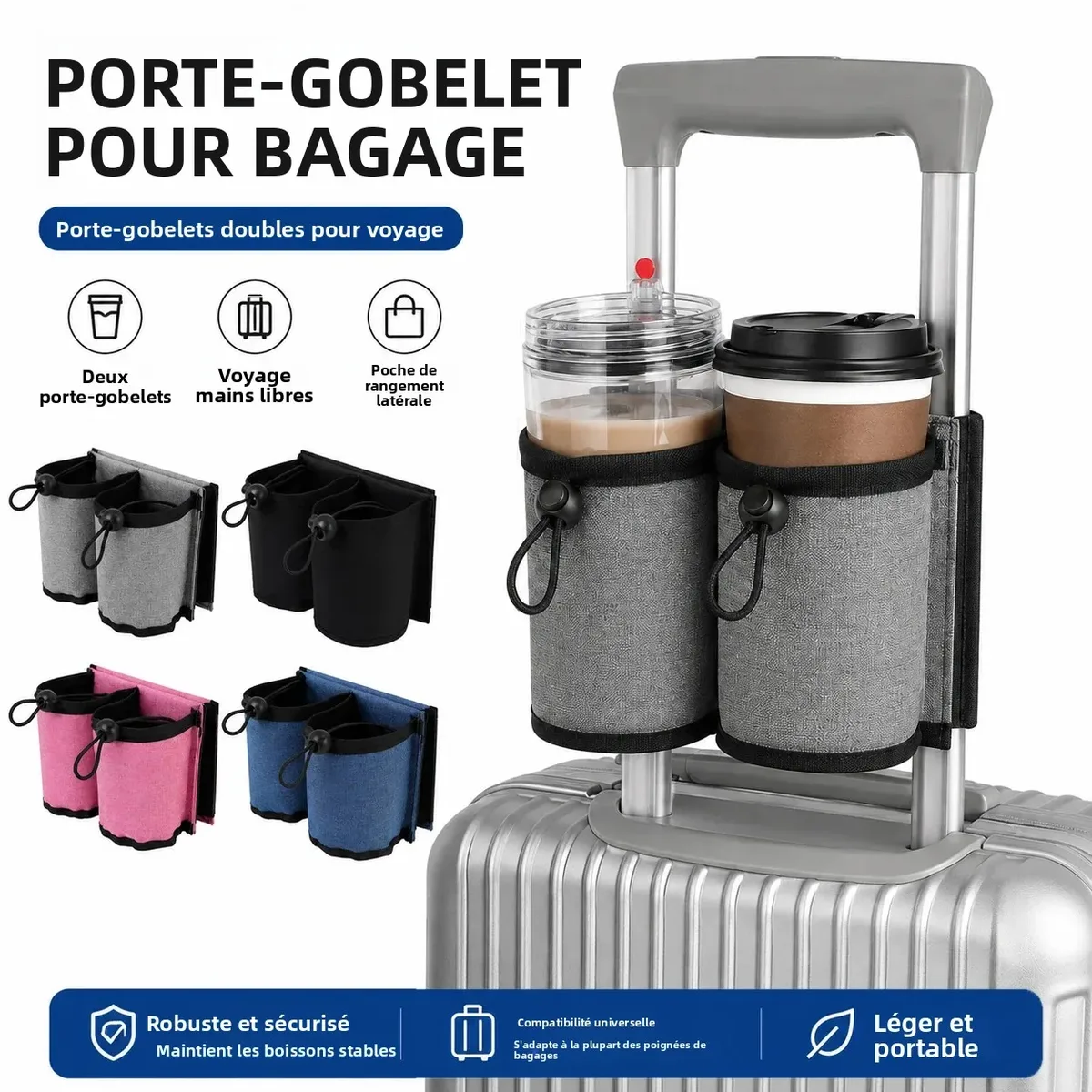 porte-gobelet de voyage pour bagages, support de boisson pour poignée de valise, manchon à double poche en polyester pour l'aéroport, les voyages et le rangement quotidien