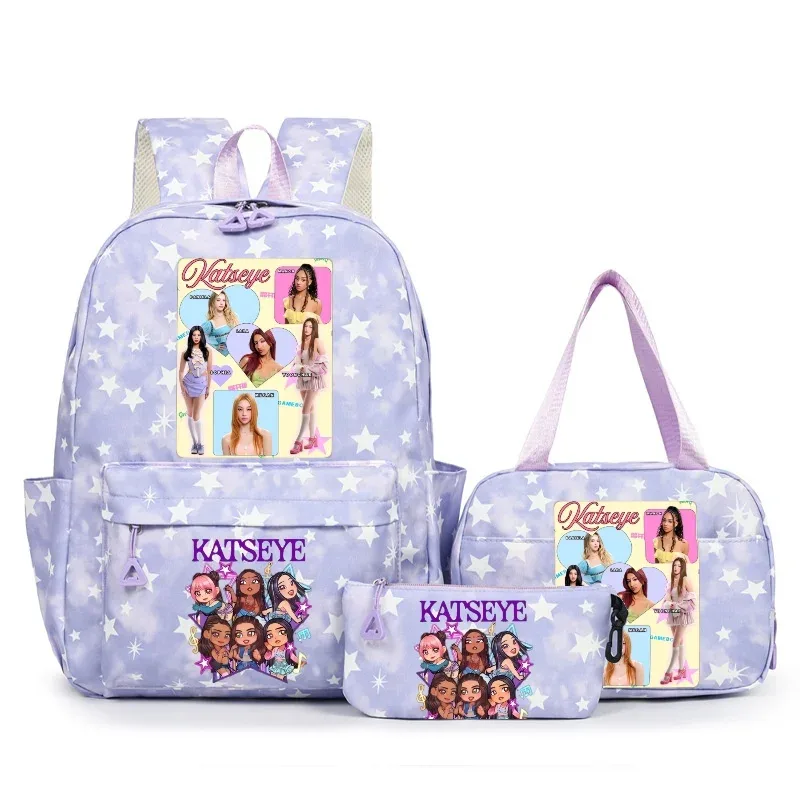 Sac à dos Katseye Music avec imprimé neige, capacité 3 pièces, pour étudiants du collège/lycée, avec sac à déjeuner, sac de voyage, mochila pour femme