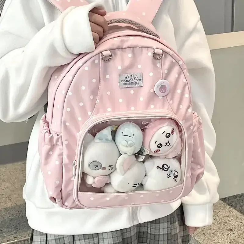nouveau sac à dos harajuku rose kawaii à motif de dessin animé pour femme, sac à dos décontracté à pois, sac ulzzang ita doux et mignon