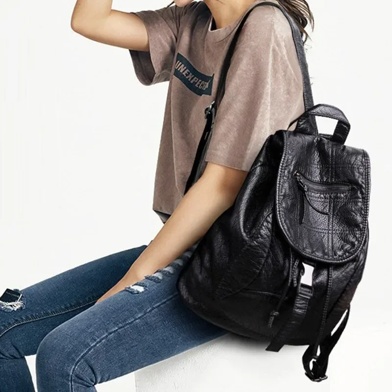 sac à dos en cuir souple pour femmes, grand sac de voyage en cuir pu, sac de jour noir, sac d'école pour adolescentes